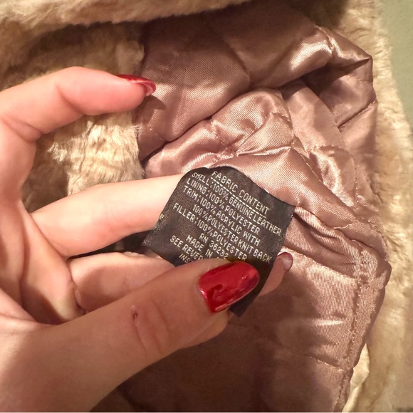 Giacca Vintage Leather Faux Fur Trim Button Front Jacket Tan Size Medium - Picture 6 of 7